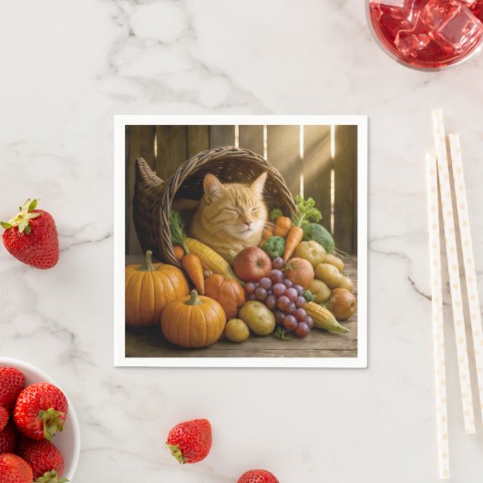 Ginger Cat In a Thanksgiving Cornucopia Servet (Insitu)