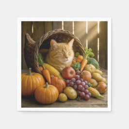 Ginger Cat In a Thanksgiving Cornucopia Servet