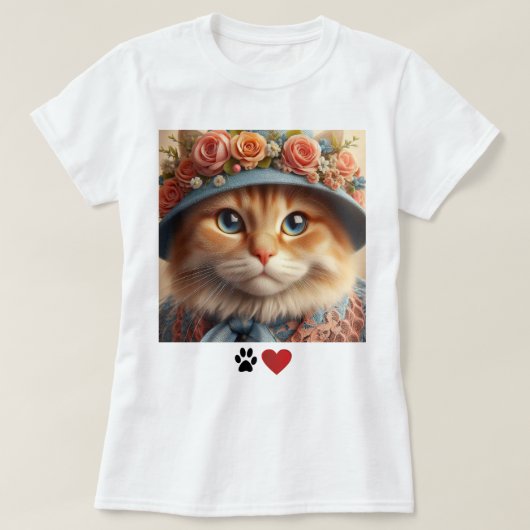 Ginger Cat in blauw Pet met bloemen Cat Lover T-shirt (Design voorkant)