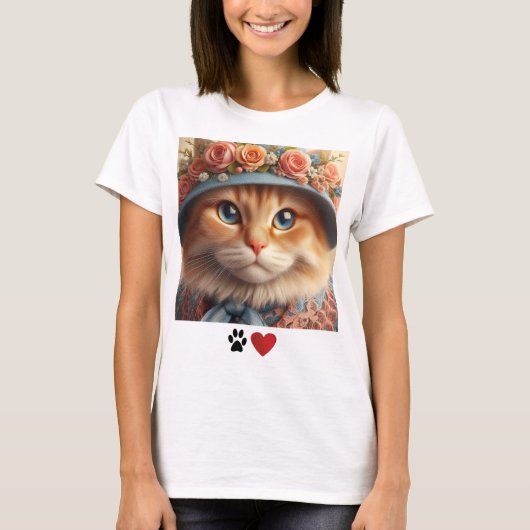 Ginger Cat in blauw Pet met bloemen Cat Lover T-shirt (Voorkant)