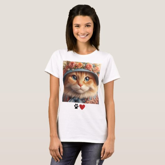 Ginger Cat in blauw Pet met bloemen Cat Lover T-shirt (Voorkant volledig)
