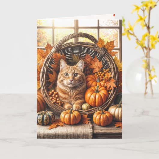 Ginger Cat in de herfst Verjaardag Kaart (Gele Bloem)