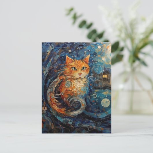 Ginger Cat in de stijl van Van Gogh AI Art Briefkaart (Staand voorkant)