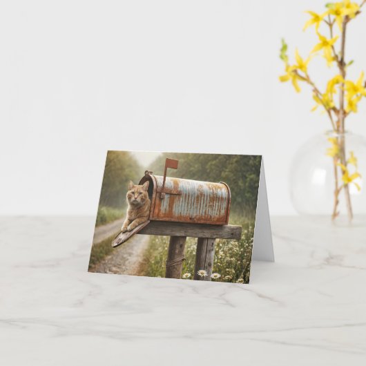 Ginger Cat in een brievenbus Kaart (Gele Bloem)