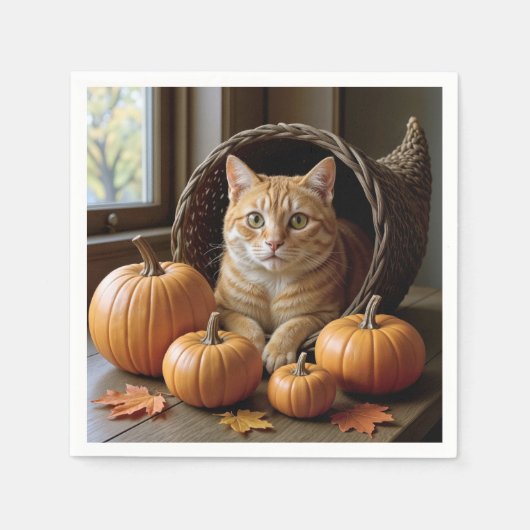 Ginger Cat in een Thanksgiving Wicker Cornucopia Servet (Voorkant)