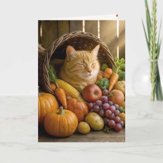 Ginger Cat in Thanksgiving Cornucopia Feestdagen Kaart (Voorkant)