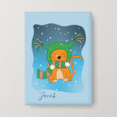 Ginger Cat In The Snow Blue Kid Winter Button (Voorkant)
