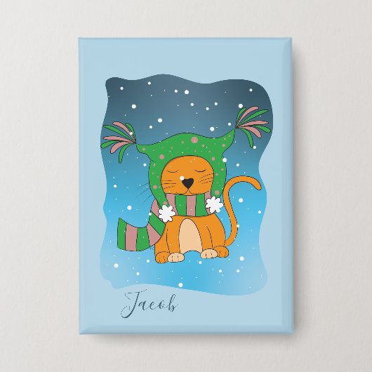 Ginger Cat In The Snow Blue Kid Winter Button (Voorkant)