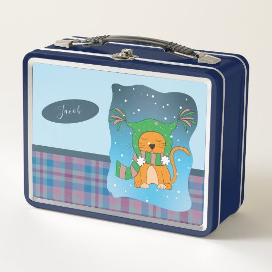 Ginger Cat In the Snow Blue Metal Lunchbox (Voorkant)