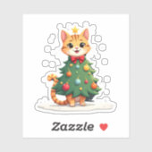 Ginger Cat Kerstboom Schattige Xmas Meisjes Kinder Sticker (Vel)