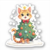 Ginger Cat Kerstboom Schattige Xmas Meisjes Kinder Sticker (Voorkant)