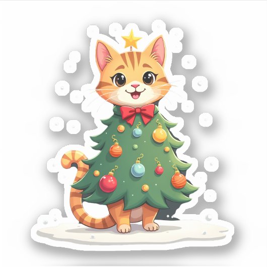 Ginger Cat Kerstboom Schattige Xmas Meisjes Kinder Sticker (Voorkant)