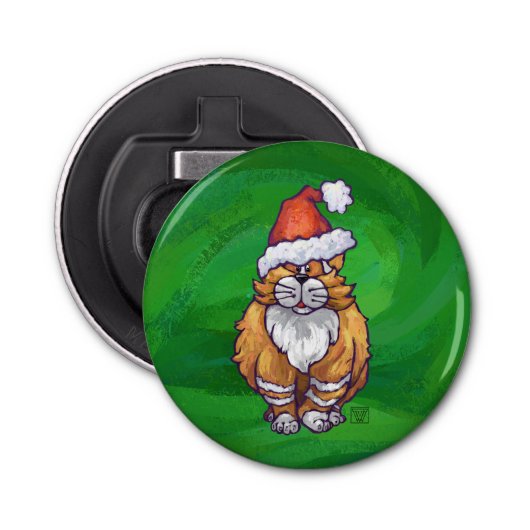 Ginger Cat Kerstmis: groen Button Flesopener (Voorkant)