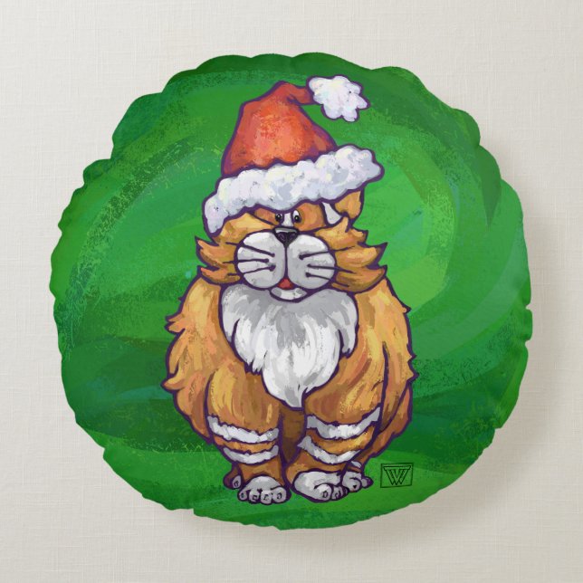 Ginger Cat Kerstmis: groen Rond Kussen (Voorkant)
