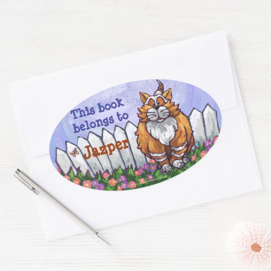 Ginger Cat Library Bookplaat Ovale Sticker (Envelop)