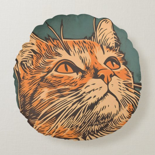 Ginger Cat  Lino Print Ronde Kussen (Voorkant)