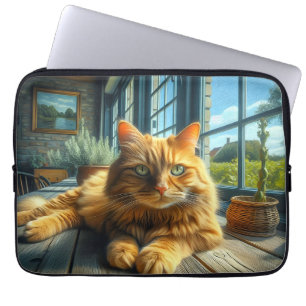 Ginger Cat Lounging op een tafel bij een raam Laptop Sleeve