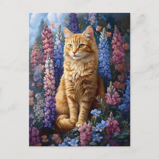 Ginger Cat Lupine Field Painting Briefkaart (Voorkant)