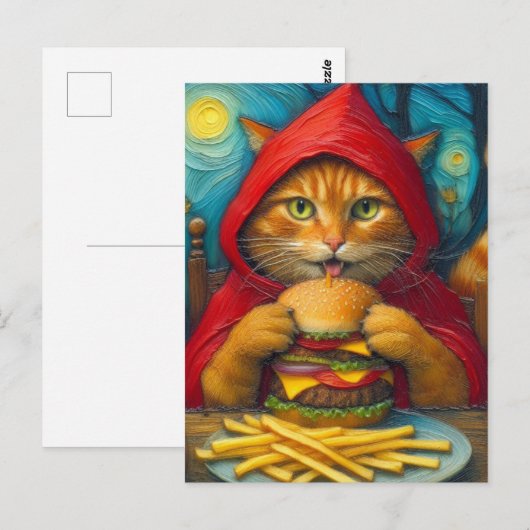 Ginger Cat met Cheeseburger en Friet Briefkaart (Voorkant / Achterkant)