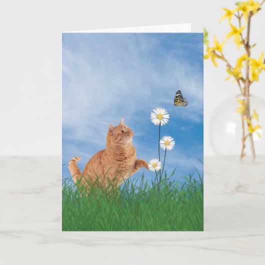 Ginger Cat met Daisy Birthday Kaart (Gele Bloem)