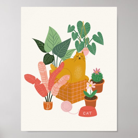 Ginger Cat met Planten Poster (Voorkant)