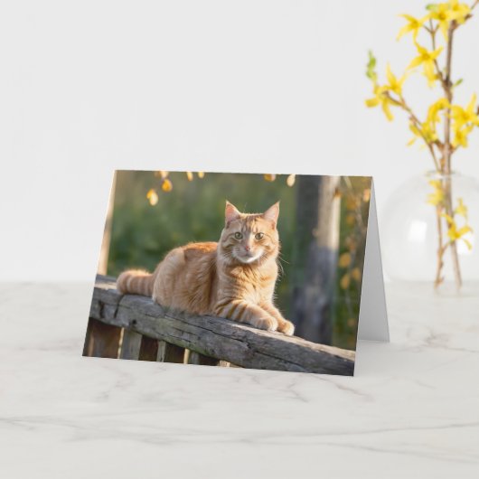 Ginger Cat op een rustiek hek Kaart (Gele Bloem)