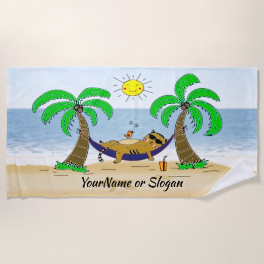 Ginger Cat op Hammock met Palm Trees zand en oceaa Strandlaken (Voorkant)