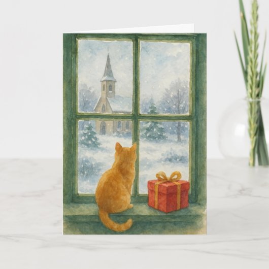 Ginger Cat overlooking a winter's scene Feestdagen Kaart (Voorkant)