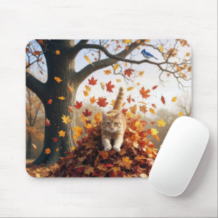Ginger Cat springt uit de herfst bladstapel Muismat