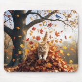 Ginger Cat springt uit de herfst bladstapel Muismat (Voorkant)