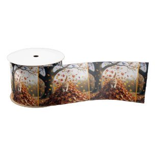 Ginger Cat springt uit de herfst bladstapel Satijnen Lint