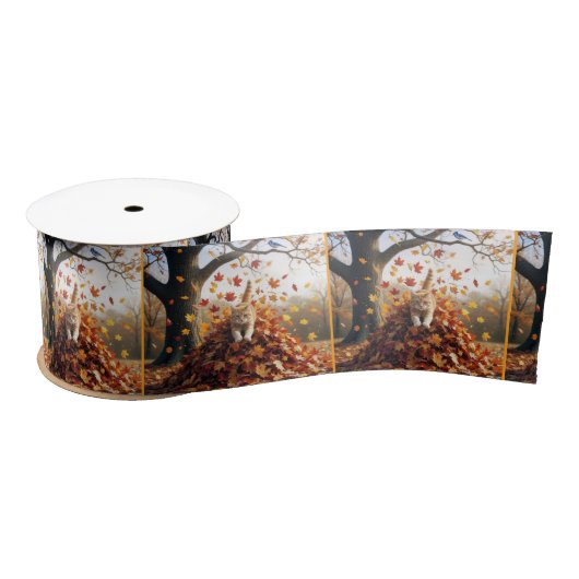 Ginger Cat springt uit de herfst bladstapel Satijnen Lint (Spoel)