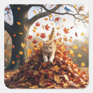 Ginger Cat springt uit de herfst bladstapel Vierkante Sticker