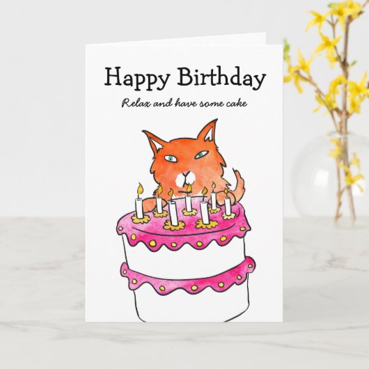 Ginger cat verjaardagstaart kaart (Gele Bloem)