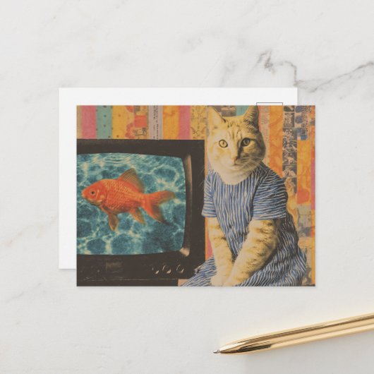Ginger Cat With Goldfish on TV Retro Collage Briefkaart (Voorkant / Achterkant in situ)
