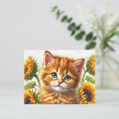 Ginger Cat With Sunflowers Watercolor Briefkaart (Staand voorkant)