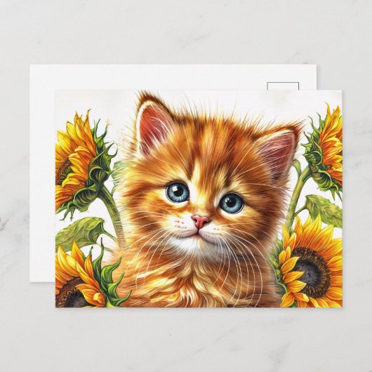 Ginger Cat With Sunflowers Watercolor Briefkaart (Voorkant / Achterkant)