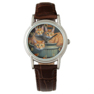 Ginger Cats Pot Planten, Dames lederen horloge