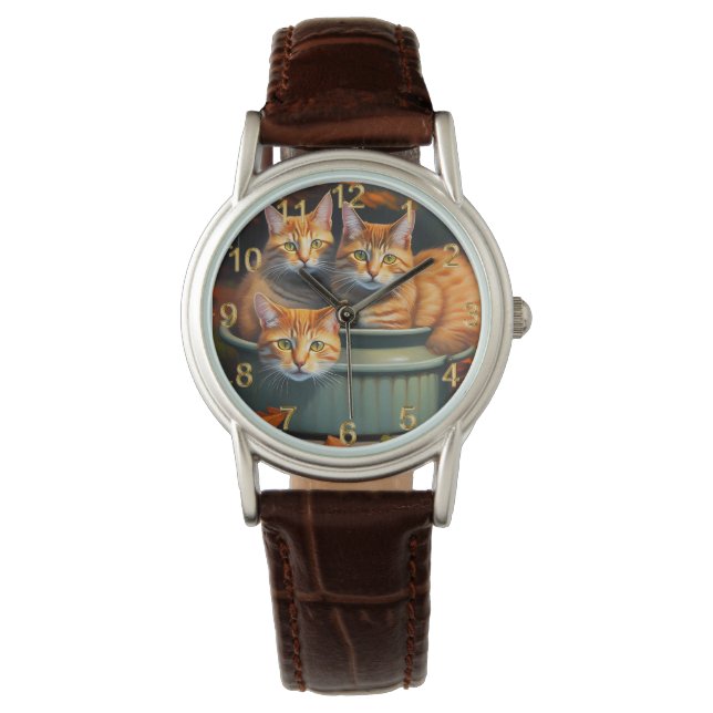 Ginger Cats Pot Planten, Dames lederen horloge (Voorkant)