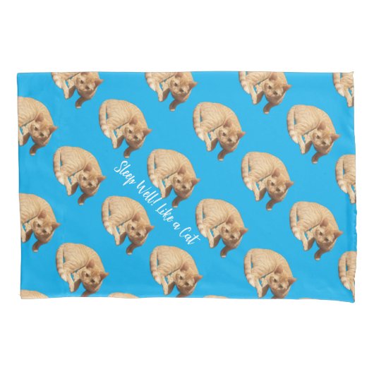 Ginger Cute Cat Photo Text Blue Red  Kussensloop (Voorkant)