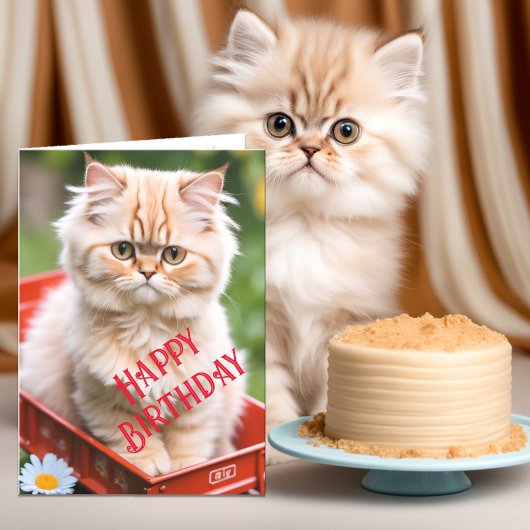 Ginger en Cream Tabby Kat in Rode Wagon Verjaardag Kaart