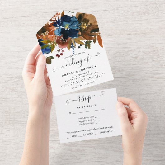 Ginger en Navy Bloemen Bruiloft All In One Uitnodiging (Afscheurbaar)