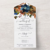 Ginger en Navy Bloemen Bruiloft All In One Uitnodiging (Binnen)