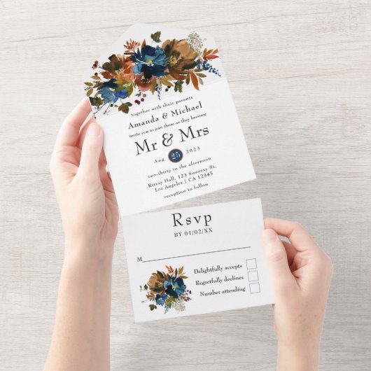 Ginger en Navy Bloemen Bruiloft All In One Uitnodiging (Afscheurbaar)