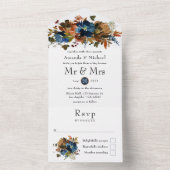Ginger en Navy Bloemen Bruiloft All In One Uitnodiging (Binnen)