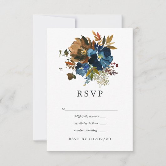 Ginger en Navy Bloemen Bruiloft RSVP Kaartje (Voorkant)