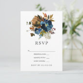 Ginger en Navy Bloemen Bruiloft RSVP Kaartje (Staand voorkant)