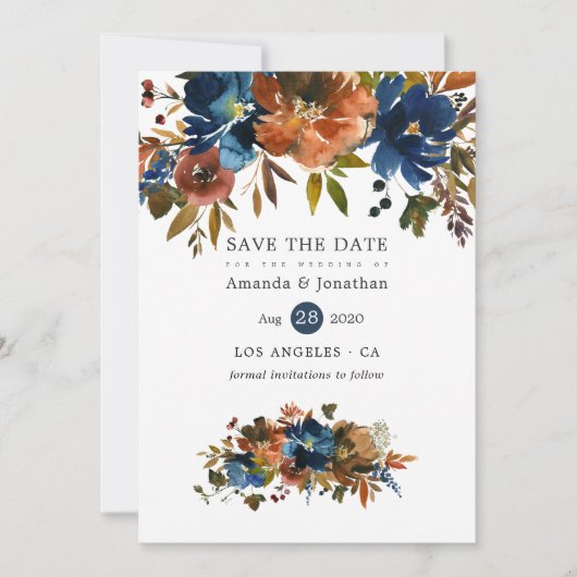 Ginger en Navy Bloemen Bruiloft Save The Date (Voorkant)