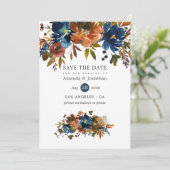 Ginger en Navy Bloemen Bruiloft Save The Date (Staand voorkant)