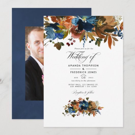 Ginger en Navy Bloemen Bruiloftsfoto Kaart (Voorkant / Achterkant)